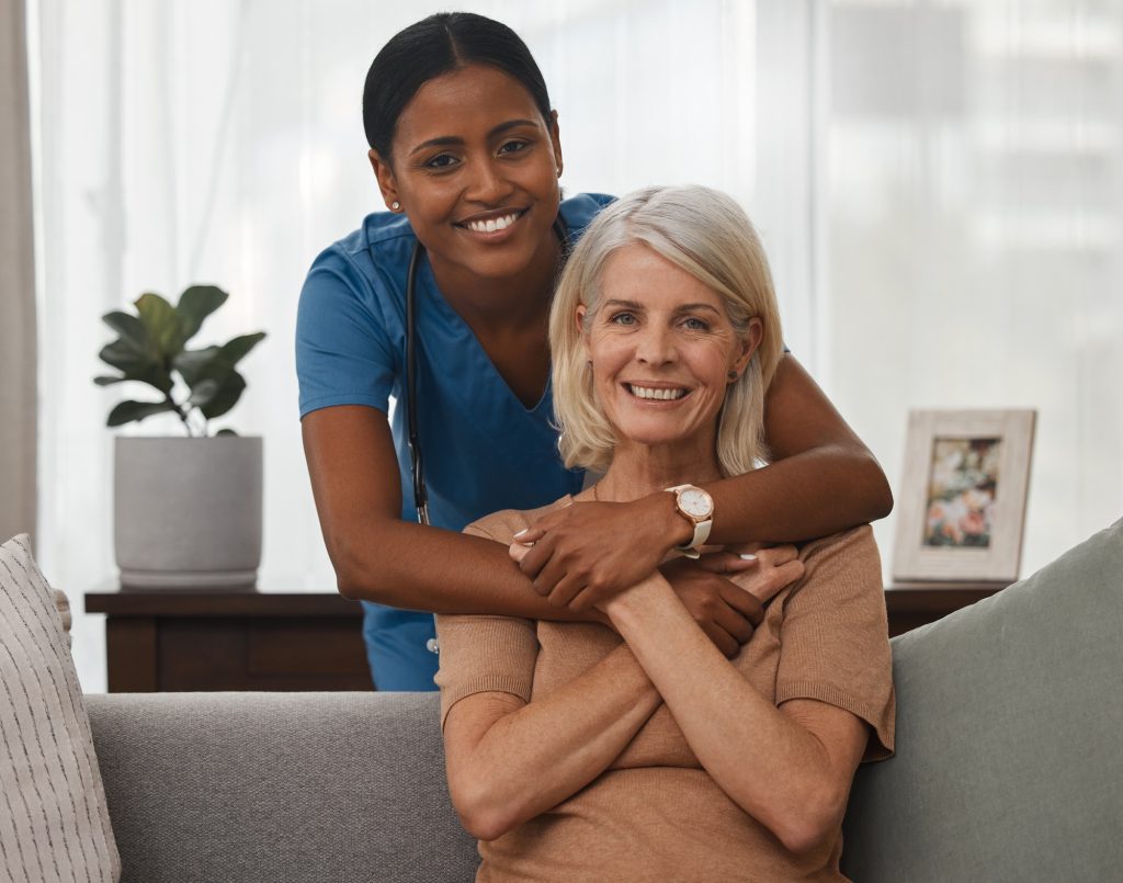 Shot of a home health care nurse with a senior woman at home in Toronto, Ontario.